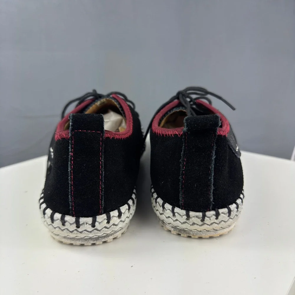 Fashion Casual Shoes Mens 10 Black Suede Burgundy Trim Whipstitch Lace Up Flats